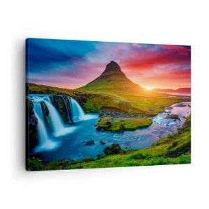 Canvastavla - Bild på duk - Pittoreskt vattenfall och berg vid solnedgången - 70x50cm - Island - eld och vatten - Modern väggdekoration för vardagsrum och sovrum ARTTOR