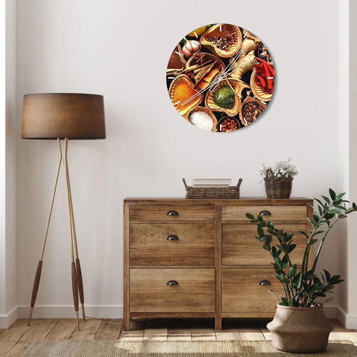 Väggklocka - Klocka på glas - En sammansättning av kryddor i träskålar - 30x30cm - Ta vad du vill - Modern väggdekoration för vardagsrum, kök och sovrum ARTTOR