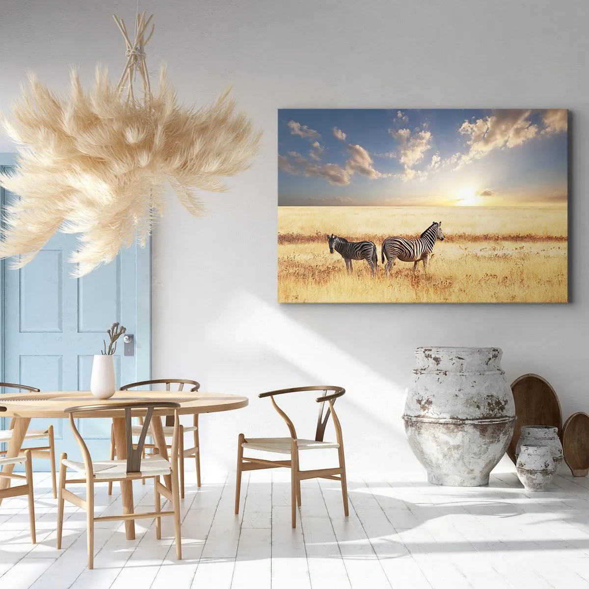 Canvastavla - Bild på duk - Två zebror på savannen i solnedgångens strålar - 70x50cm - Gå härifrån, stör inte lugnet - Modern väggdekoration för vardagsrum och sovrum ARTTOR