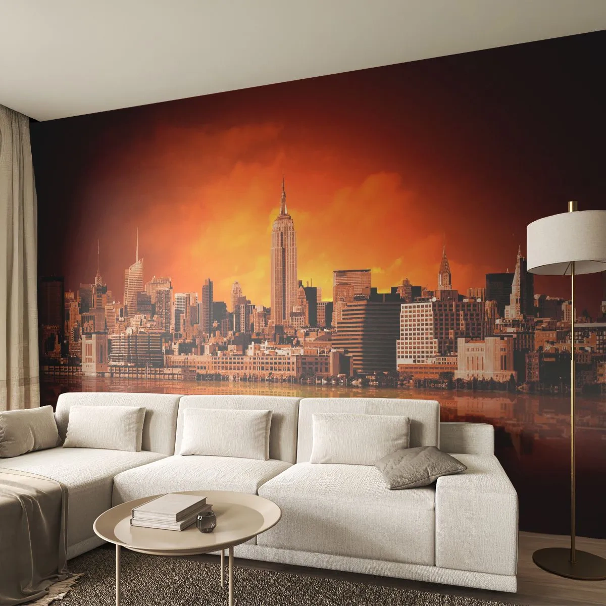 Självhäftande Fototapet Deluxe Sticker - Stostadspanorama i gul och brunt - New York, Arkitektur, Stad - 250x175 cm