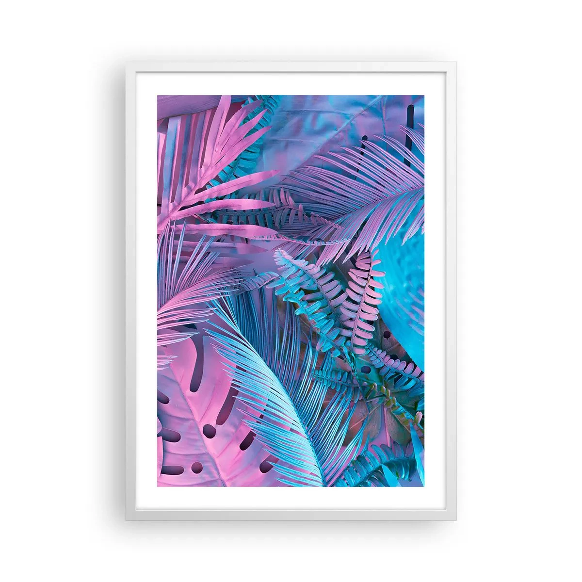 Affisch i vit ram - Tropiken i rosa och blått - 50x70 cm