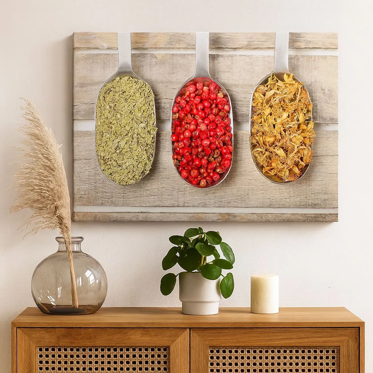 Canvastavla - Bild på duk - Tre metallskedar med kryddor på en träbakgrund - 70x50cm - Köksmagi - Modern väggdekoration för vardagsrum och sovrum ARTTOR