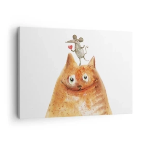 Canvastavla - Bild på duk - En teckning av en katt med en mus på huvudet som håller ett hjärta - 70x50cm - Kärlekens paradoxer - Modern väggdekoration för vardagsrum och sovrum ARTTOR