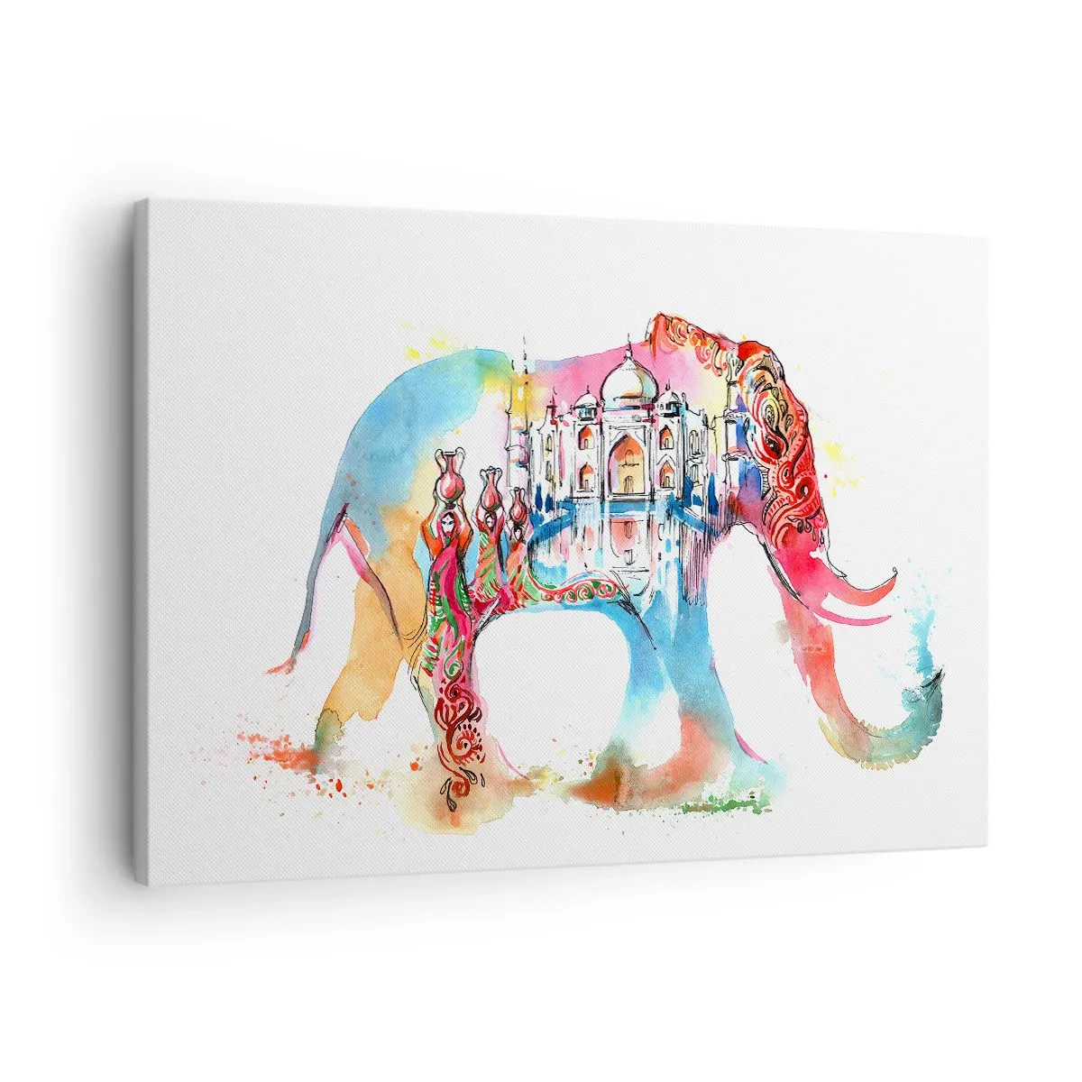 Canvastavla - Bild på duk - Färgglad akvarellmålning av en elefant med Taj Mahal-motiv - 70x50cm - Indien - kärlekens aura - Modern väggdekoration för vardagsrum och sovrum ARTTOR