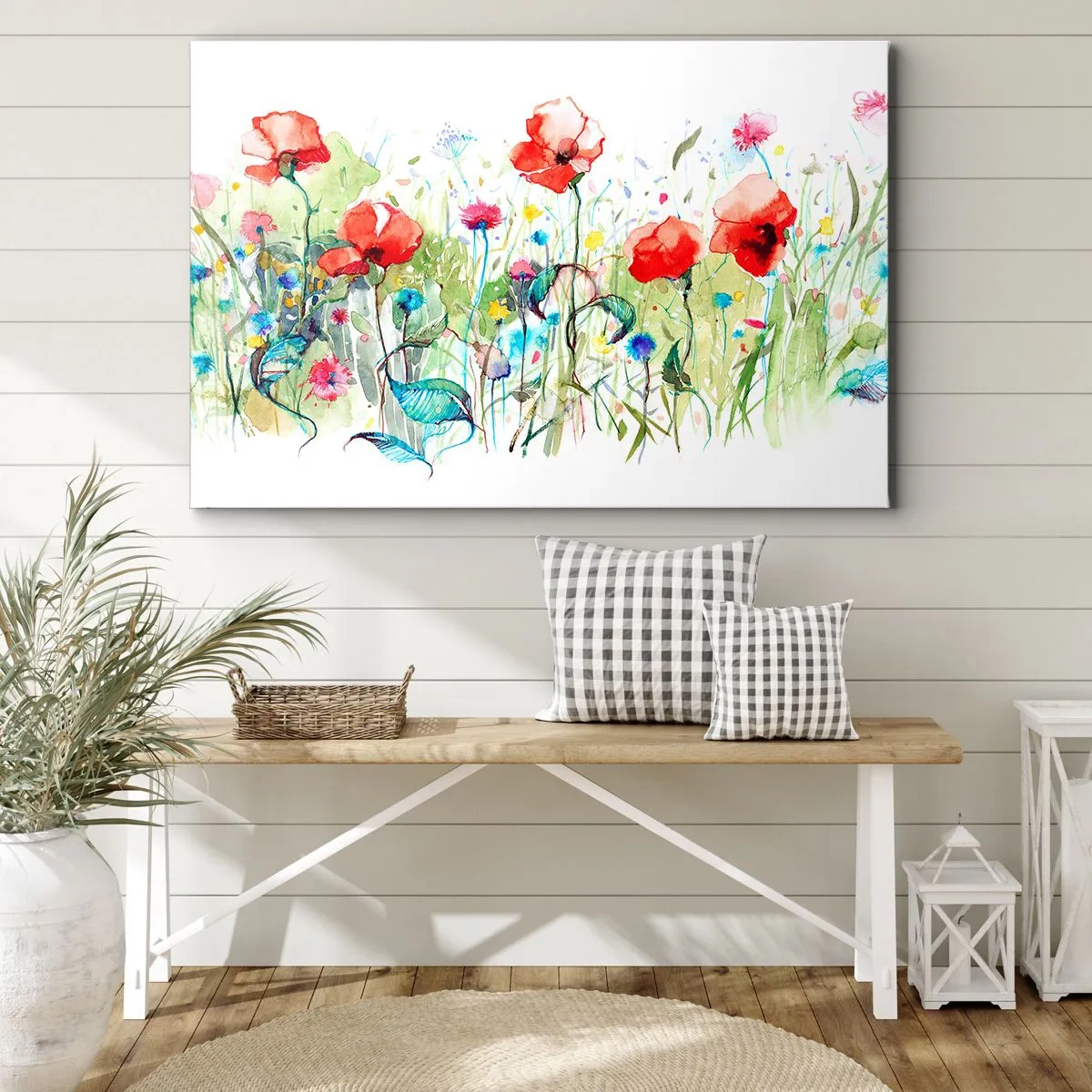 Canvastavla - Bild på duk - En äng med röda vallmo och färgglada blommor i akvarell - 70x50cm - Majblommande äng - Modern väggdekoration för vardagsrum och sovrum ARTTOR