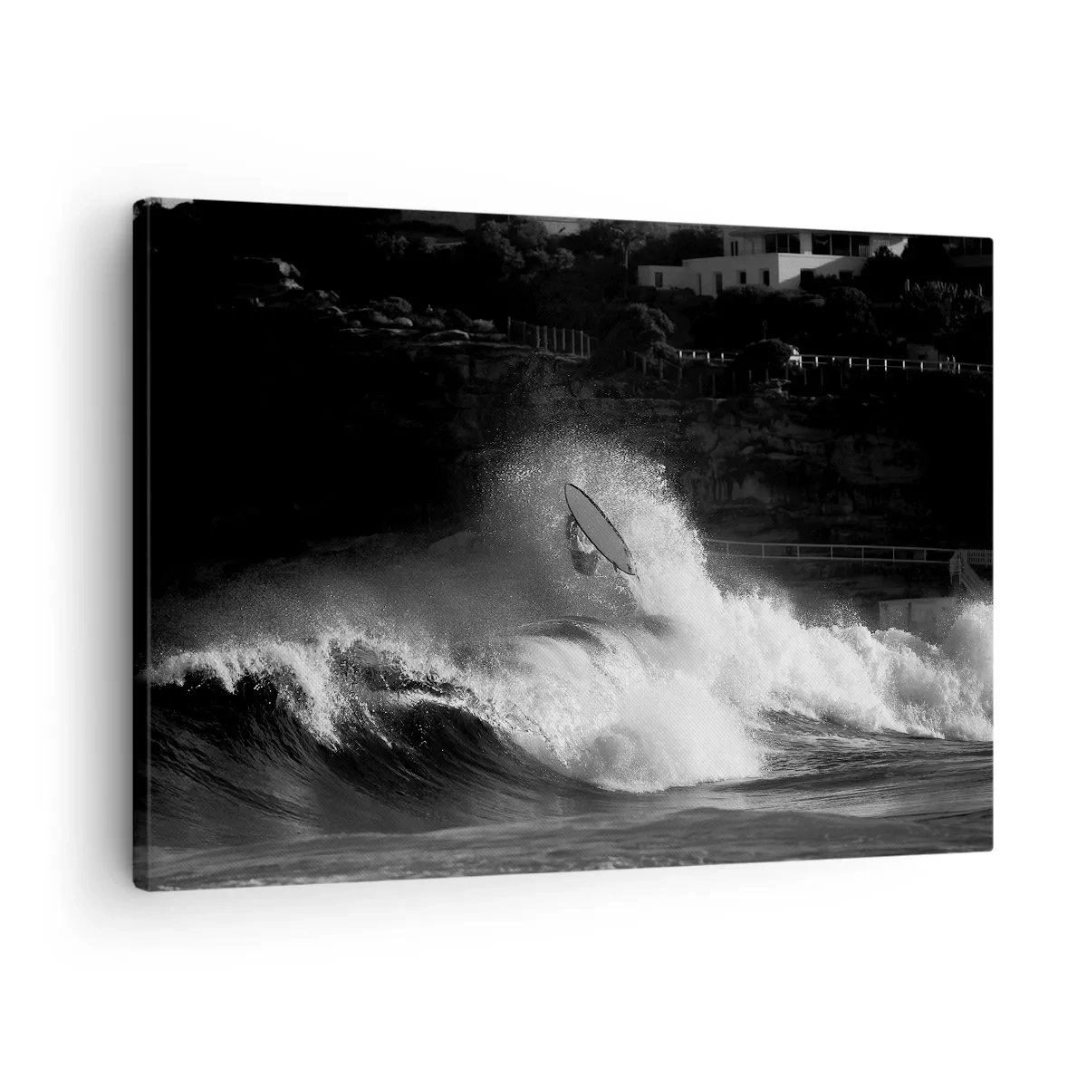 Canvastavla - Bild på duk - En surfare som rider på en våg i monokrom - 70x50cm - Utmaning accepterad! - Modern väggdekoration för vardagsrum och sovrum ARTTOR