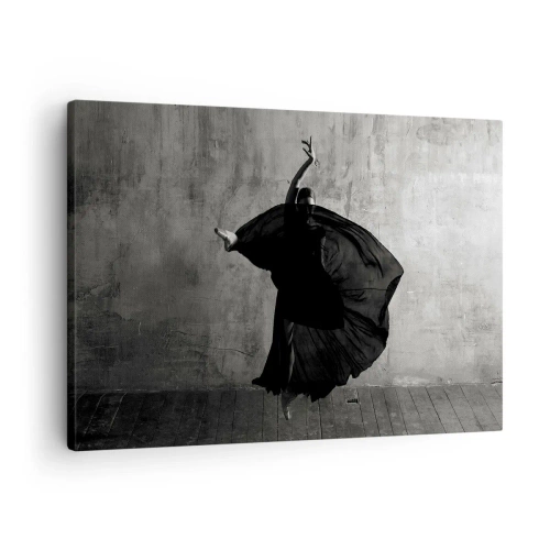 Canvastavla - Bild på duk - Svartvit silhuett av en dansare i rörelse mot en väggbakgrund - 70x50cm - Full av passion - Modern väggdekoration för vardagsrum och sovrum ARTTOR