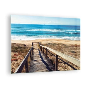 Glastavla - Bild på glas - Trästig som leder till stranden med havsutsikt - 70x50cm - Spring! - Modern väggdekoration för vardagsrum och sovrum ARTTOR