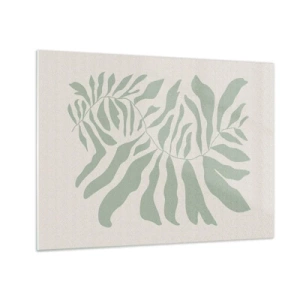 Glastavla - Bild på glas - En smaragdgrön gren med organiska former på en ljus bakgrund - 70x50cm - Smaragdgrön gren - Modern väggdekoration för vardagsrum och sovrum ARTTOR