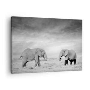Canvastavla - Bild på duk - Två elefanter mot bakgrund av den afrikanska savannen - 70x50cm - Grått är vackert - Modern väggdekoration för vardagsrum och sovrum ARTTOR