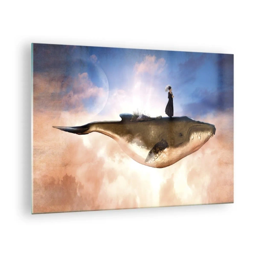Glastavla - Bild på glas - En fantasival som svävar i molnen med en kvinna på ryggen. - 70x50cm - Överrealistisk resa - Modern väggdekoration för vardagsrum och sovrum ARTTOR