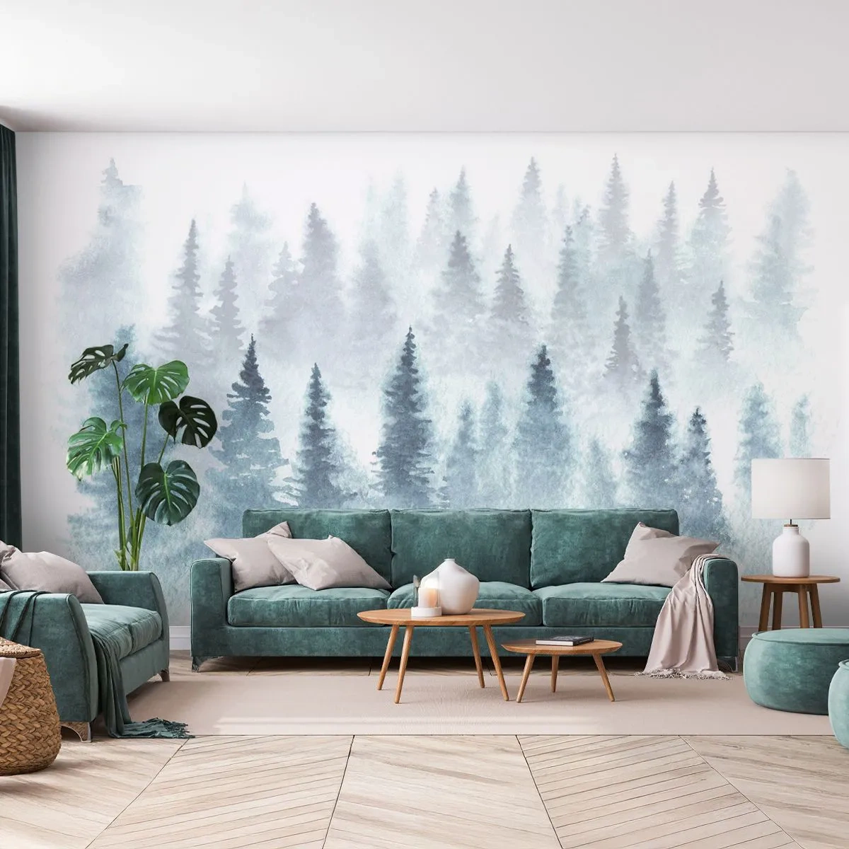 Fototapet Premium Sand - Insvepta i dimma - Landskap, Skog, Gran - 100x70 cm