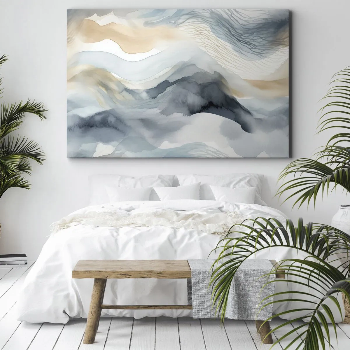 Canvastavla - Bild på duk - En delikat abstraktion med ett bergsmotiv i pastellnyanser. - 70x50cm - Snöig och dimmig abstraktion - Modern väggdekoration för vardagsrum och sovrum ARTTOR