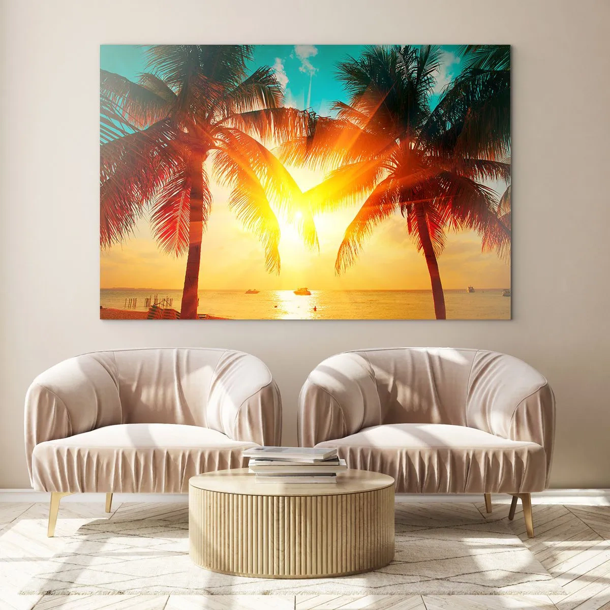 Glastavla - Bild på glas - Solbelysta palmer över en tropisk strand - 70x50cm - Exotisk par - Modern väggdekoration för vardagsrum och sovrum ARTTOR