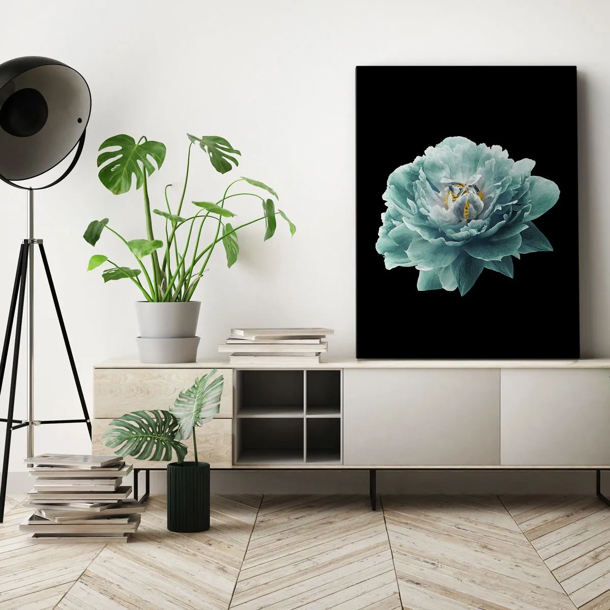 Canvastavla - Bild på duk - Blå och gyllene kronblad - 50x70 cm