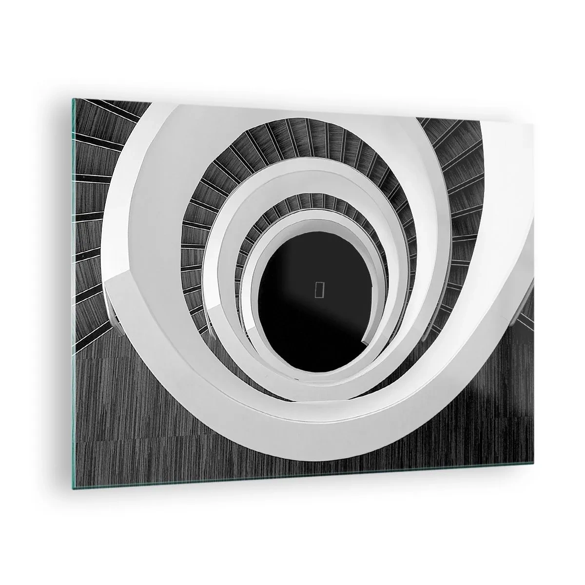 Glastavla - Bild på glas - Svartvit spiraltrappa uppifrån - 70x50cm - Till sakens kärna - Modern väggdekoration för vardagsrum och sovrum ARTTOR