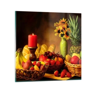 Glastavla - Bild på glas - Stilleben med bröd och frukt - 70x70 cm