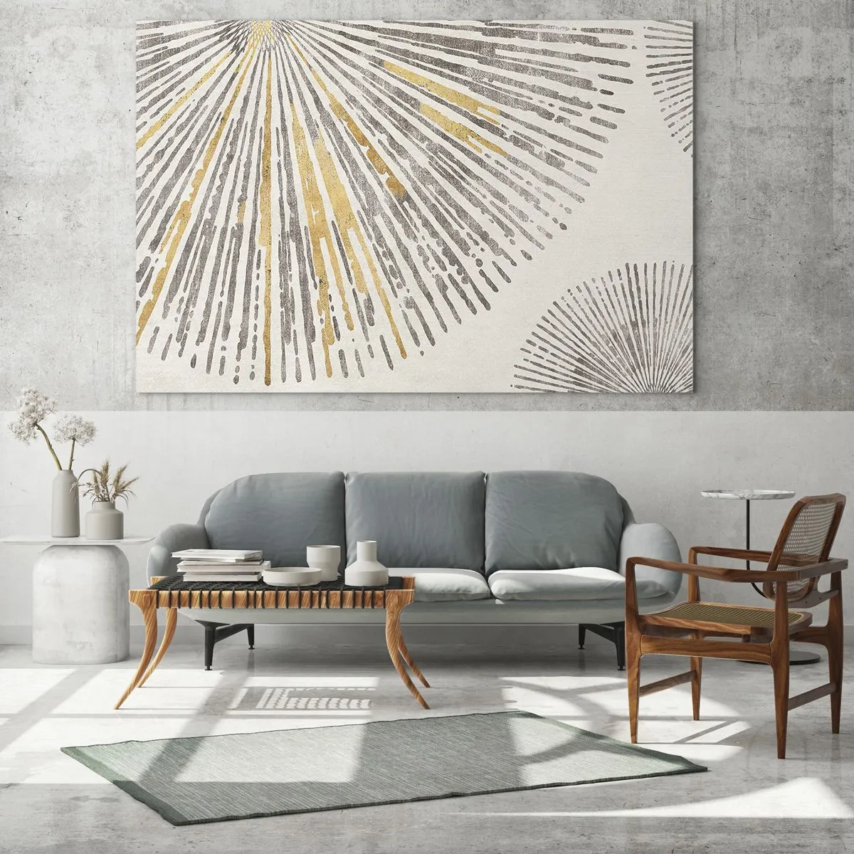 Glastavla - Bild på glas - Radiella linjer i nyanser av guld och grått mot en ljus bakgrund - 70x50cm - Radiens skönhet - Modern väggdekoration för vardagsrum och sovrum ARTTOR