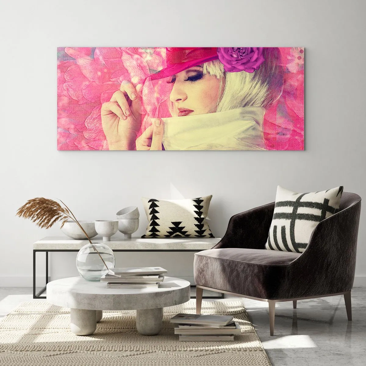 Glastavla - Bild på glas - Retroporträtt i rosa ångor - 160x50 cm