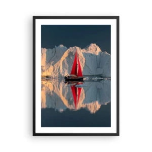 Affisch i svart ram - Det röda seglet på en båt mot bakgrund av glaciärer och lugnt vatten - 50x70cm - I världens ände - Modern väggdekoration för vardagsrum och sovrum ARTTOR