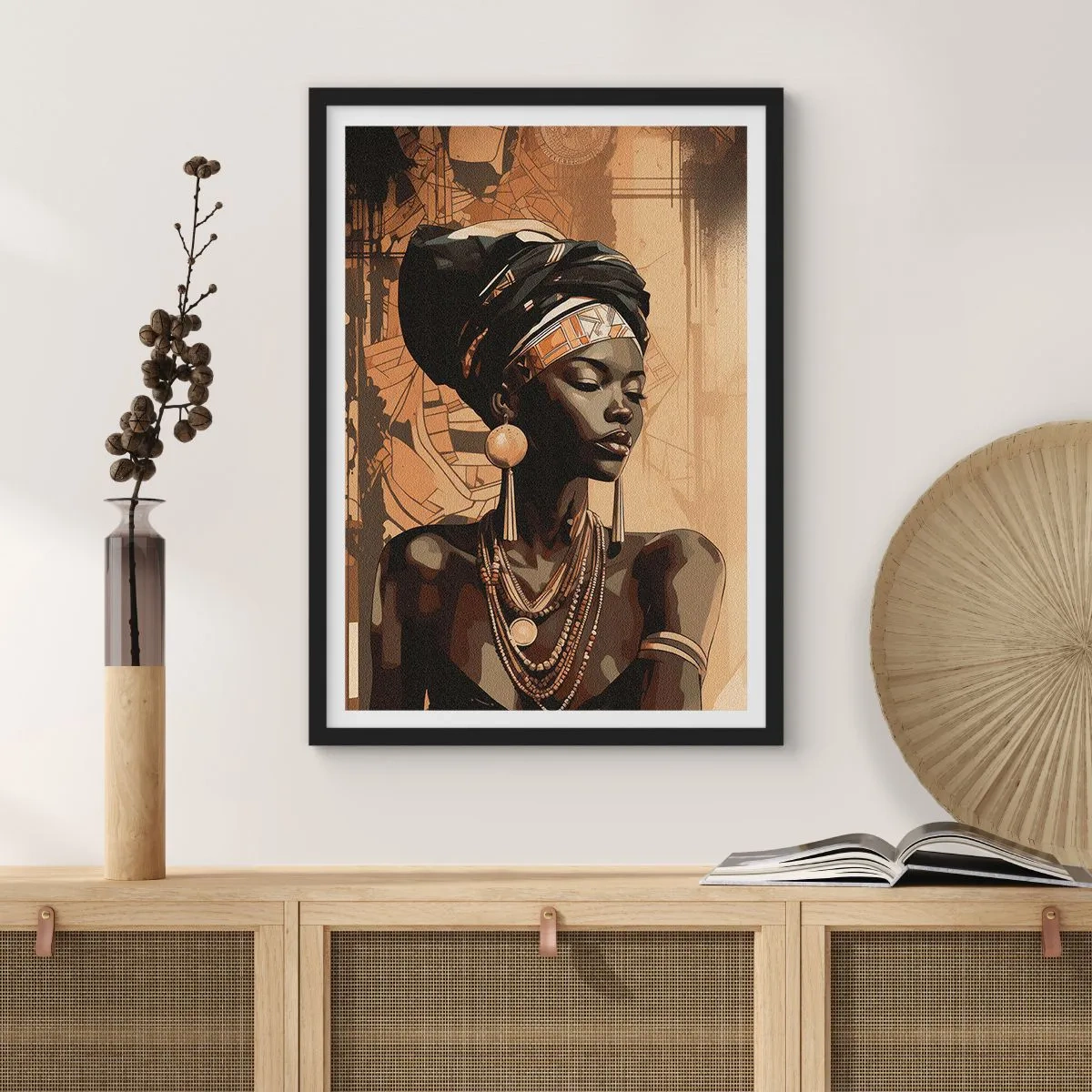 Affisch i svart ram - Porträtt av en afrikansk kvinna som bär traditionella ornament - 50x70cm - Afrikanskt majestät - Modern väggdekoration för vardagsrum och sovrum ARTTOR