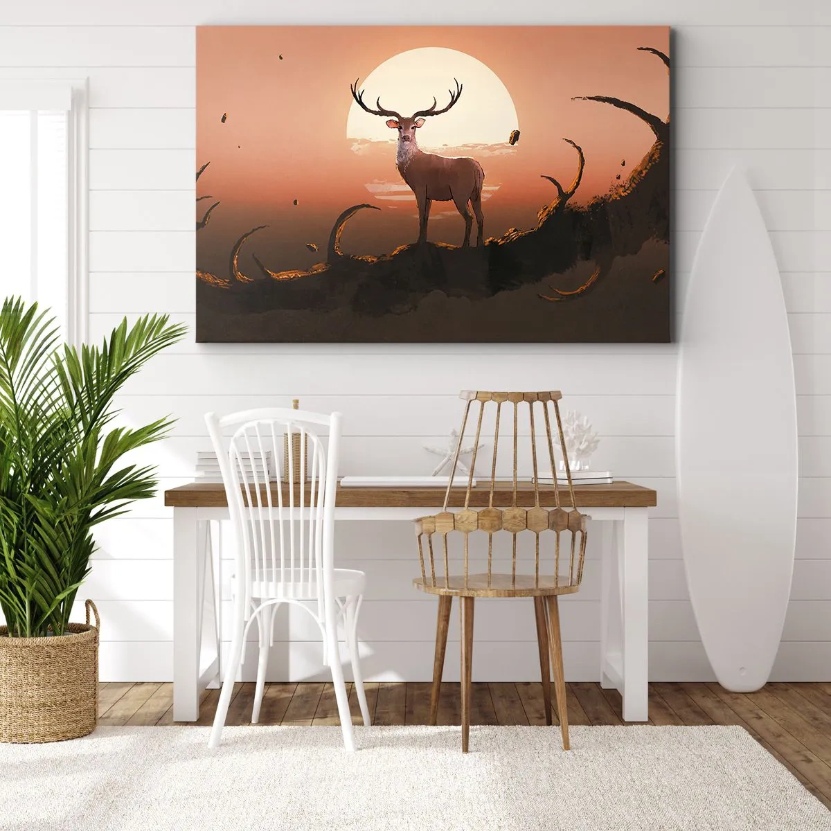 Canvastavla - Bild på duk - En hjort mot bakgrund av den nedgående solen och ett surrealistiskt landskap - 70x50cm - Denna natt är inte lik de andra - Modern väggdekoration för vardagsrum och sovrum ARTTOR