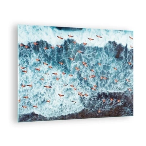 Glastavla - Bild på glas - Rosa flamingos ovanför de grova havsvågorna - 70x50cm - Kustparad - Modern väggdekoration för vardagsrum och sovrum ARTTOR