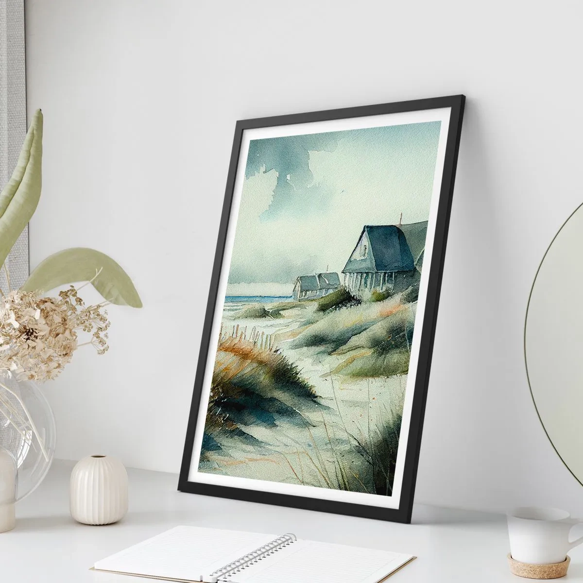 Affisch i svart ram - Akvarell strandhus med havsutsikt - 50x70cm - Borta från liv och rörelse - Modern väggdekoration för vardagsrum och sovrum ARTTOR