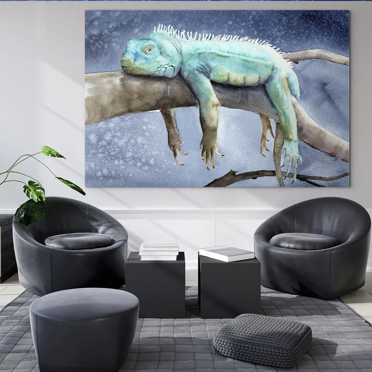 Glastavla - Bild på glas - Blå leguan liggande på en gren i akvarellstil - 70x50cm - Det är bra! - Modern väggdekoration för vardagsrum och sovrum ARTTOR