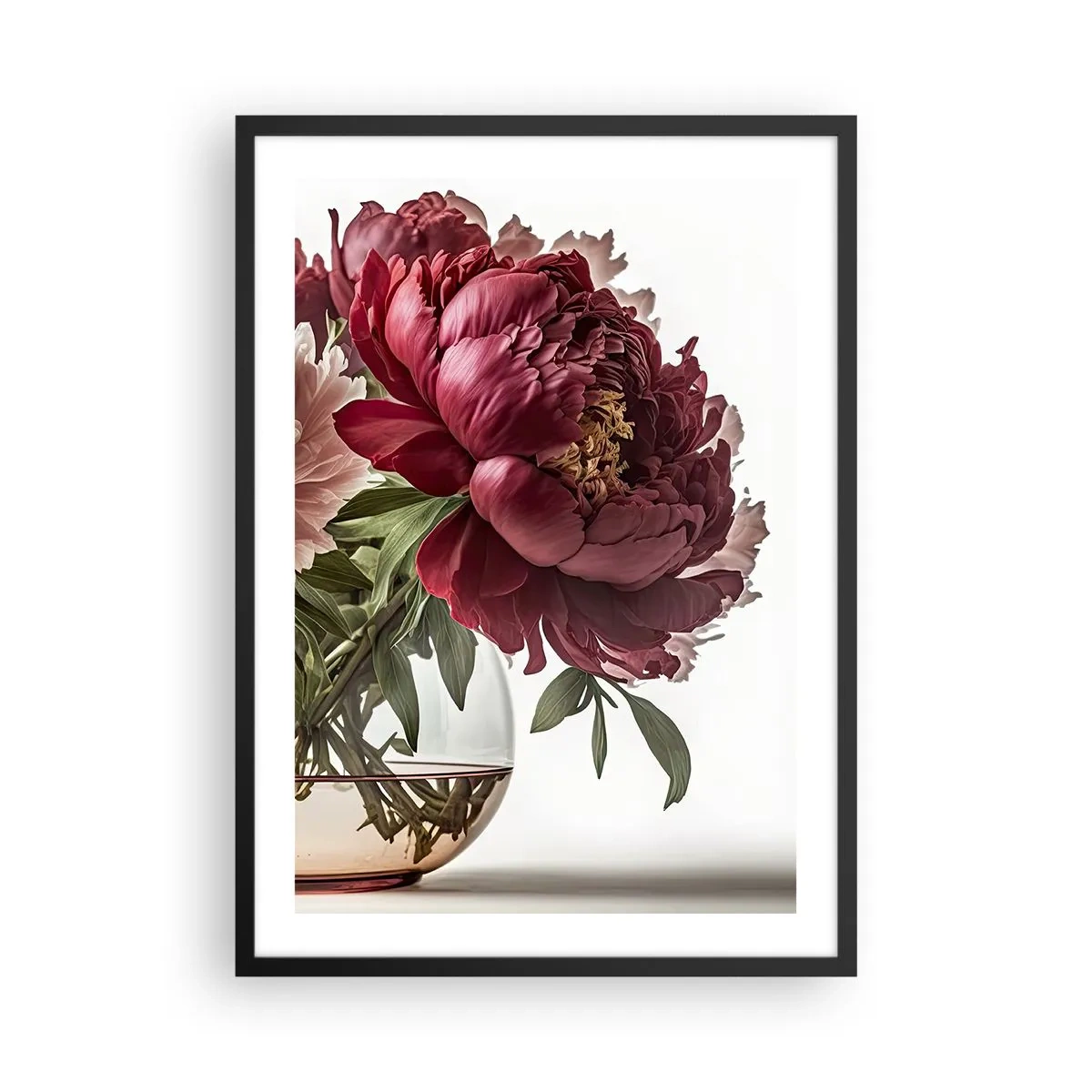 Affisch i svart ram - Röda pioner i en glasvas på vit bakgrund - 50x70cm - I full blom av skönhet - Modern väggdekoration för vardagsrum och sovrum ARTTOR