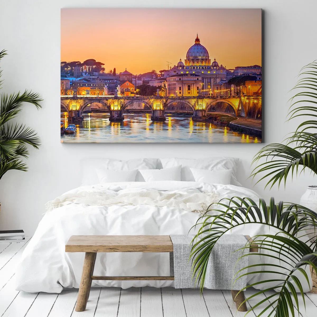 Canvastavla - Bild på duk - Panorama över Vatikanen vid solnedgången med en bro över floden - 70x50cm - Solnedgången över Den eviga staden - Modern väggdekoration för vardagsrum och sovrum ARTTOR