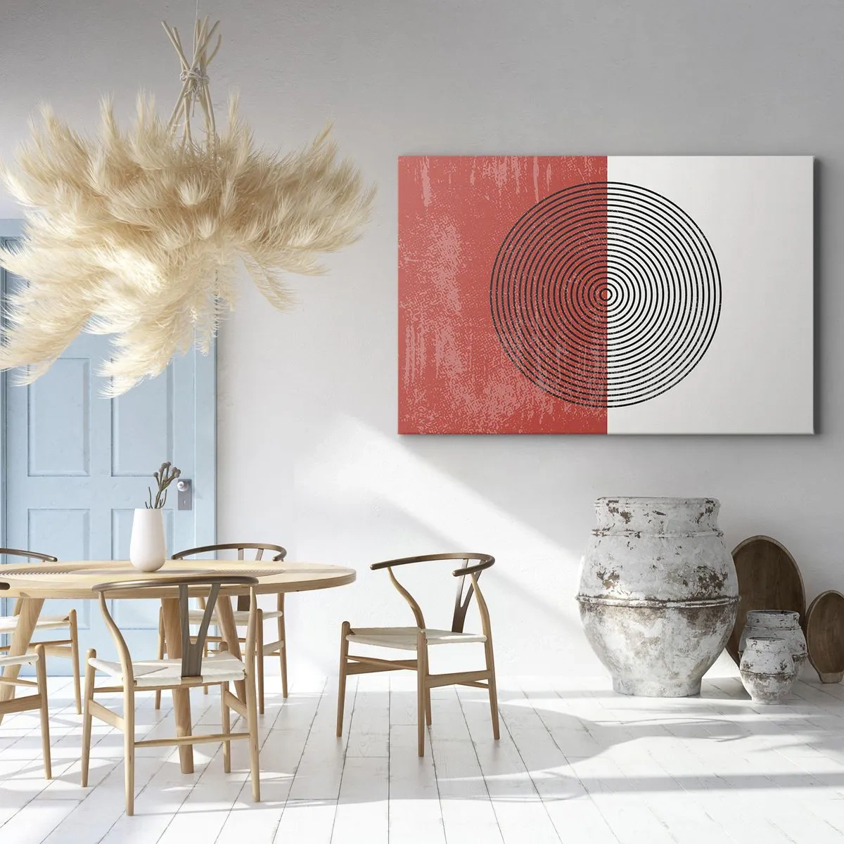 Canvastavla - Bild på duk - Geometriskt mönster med koncentriska cirklar på en röd och vit bakgrund - 70x50cm - Mitt i prick - Modern väggdekoration för vardagsrum och sovrum ARTTOR