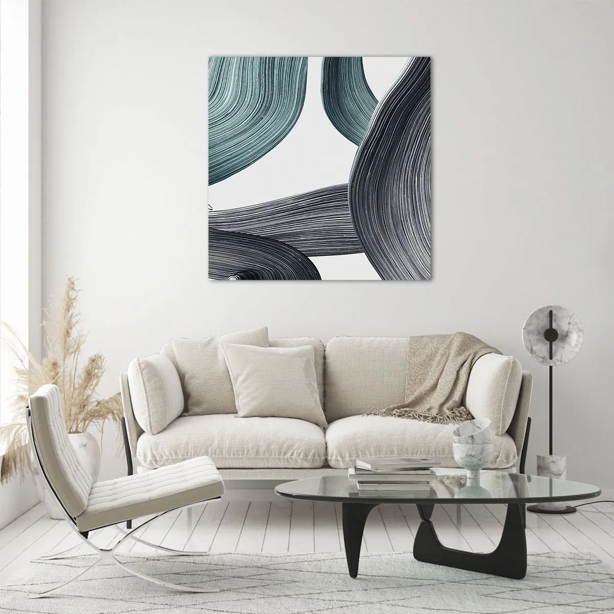 Glastavla - Bild på glas - Smaragd och svarta spår - 50x50 cm