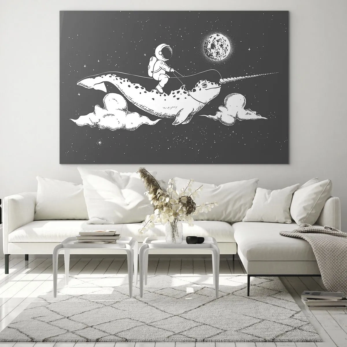 Glastavla - Bild på glas - Astronaut som rider på en narval i rymden - 70x50cm - Rymdryttare - Modern väggdekoration för vardagsrum och sovrum ARTTOR