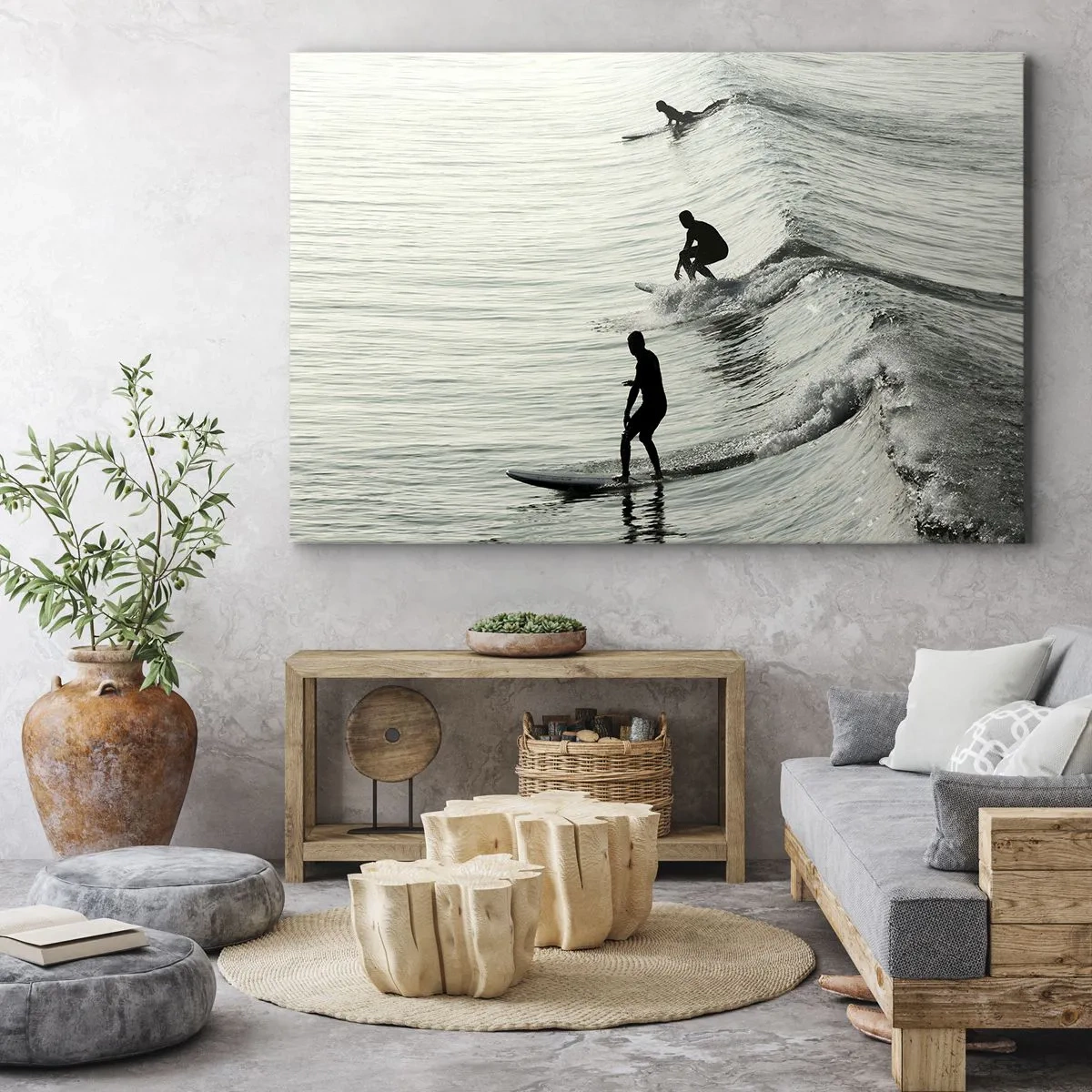 Canvastavla - Bild på duk - Surfare på vågorna i en monokrom bild - 70x50cm - Att möta vågen - Modern väggdekoration för vardagsrum och sovrum ARTTOR
