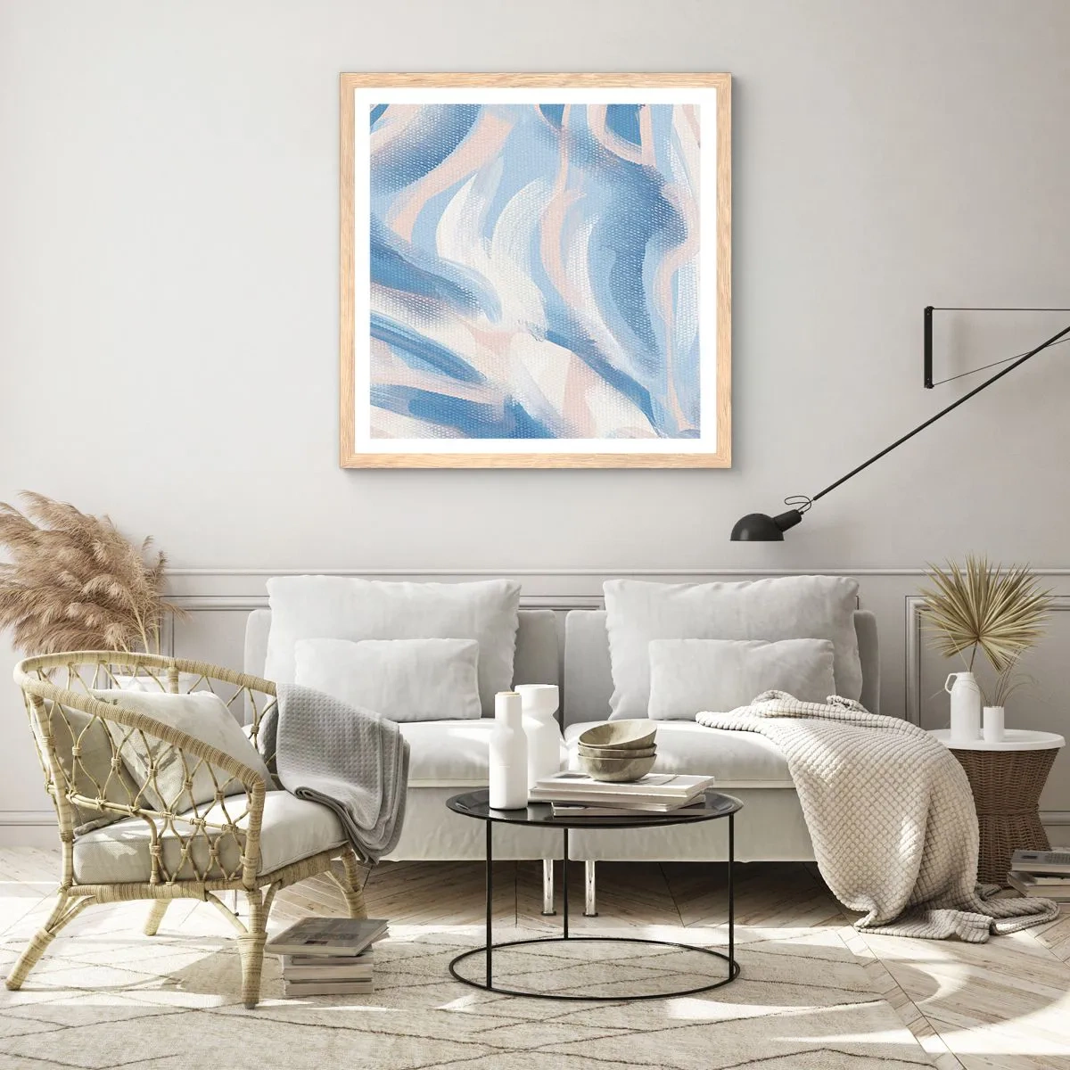 Affisch i ram av ljusek - Blå krusningar - 30x30 cm