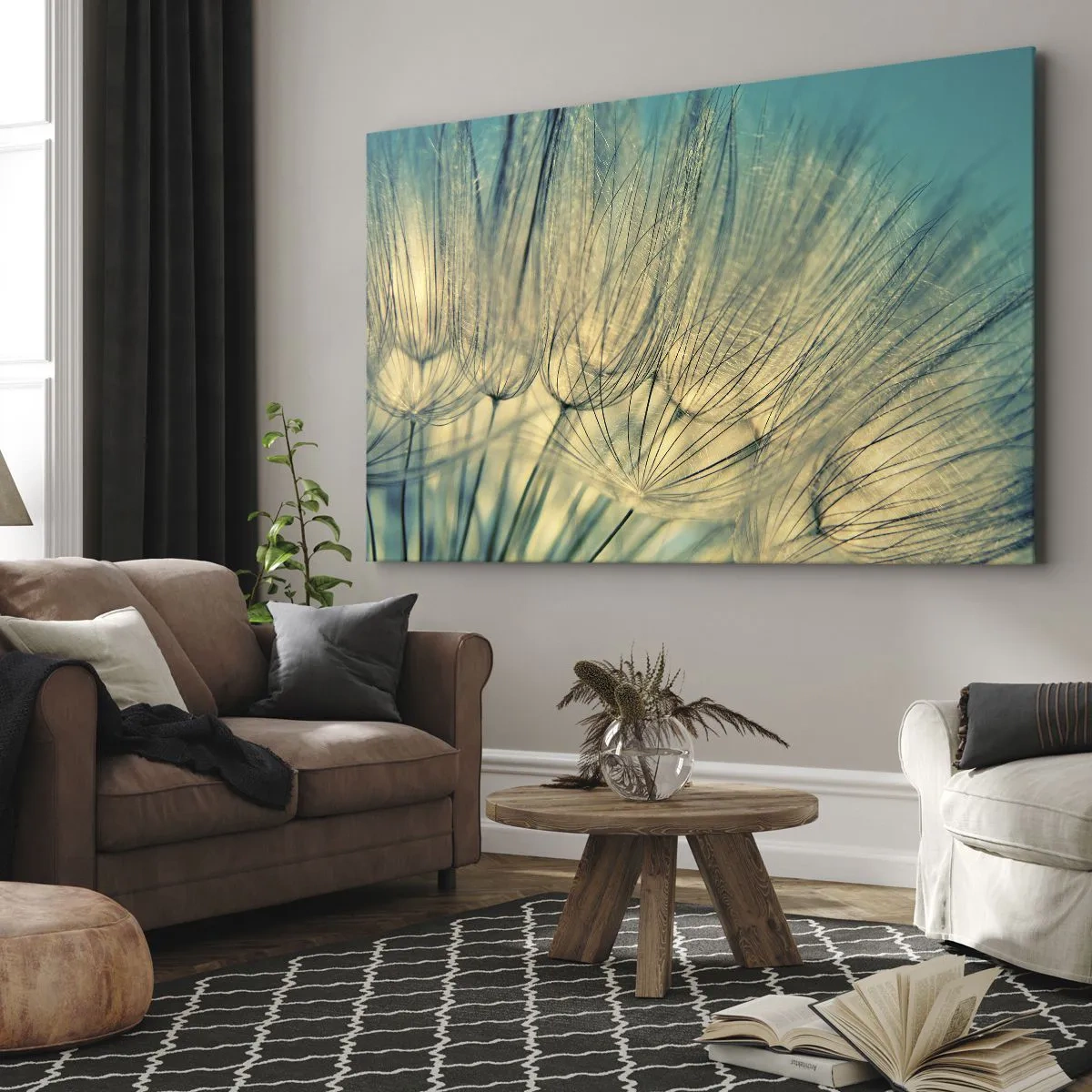 Canvastavla - Bild på duk - Makrofotografi av maskrosor i dagsljus - 70x50cm - I väntan på vinden - Modern väggdekoration för vardagsrum och sovrum ARTTOR