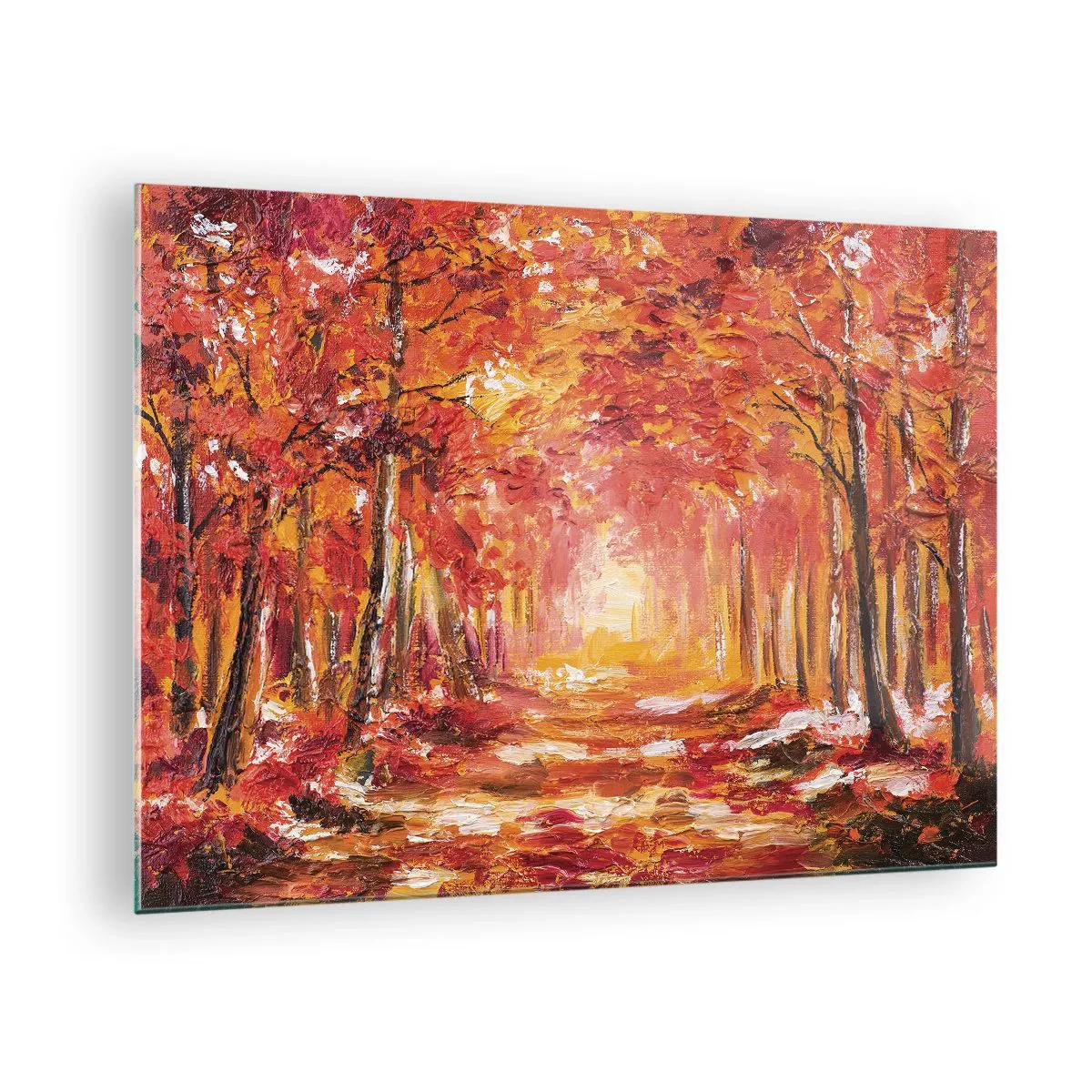 Glastavla - Bild på glas - Höstlandskap med träd i varma färger - 70x50cm - Kopparskog - Modern väggdekoration för vardagsrum och sovrum ARTTOR
