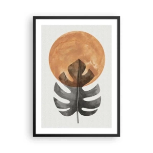 Affisch i svart ram - Ett monsterablad mot en varm orange cirkel - 50x70cm - Alltid solen - Modern väggdekoration för vardagsrum och sovrum ARTTOR