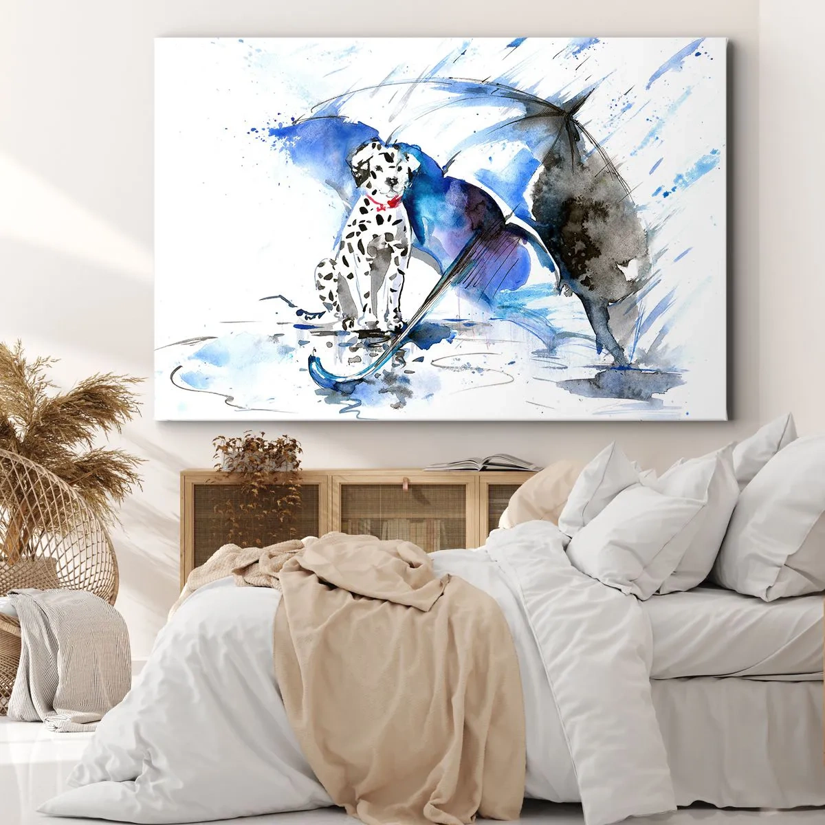 Canvastavla - Bild på duk - Akvarellmålning av en dalmatinerhund med ett paraply i bakgrunden - 70x50cm - För vänner är för det - Modern väggdekoration för vardagsrum och sovrum ARTTOR