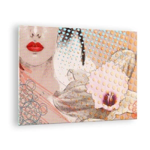 Glastavla - Bild på glas - Illustration av ett porträtt av en kvinna med en blomma i bakgrunden i popkonststil - 70x50cm - Serieheroin - Modern väggdekoration för vardagsrum och sovrum ARTTOR