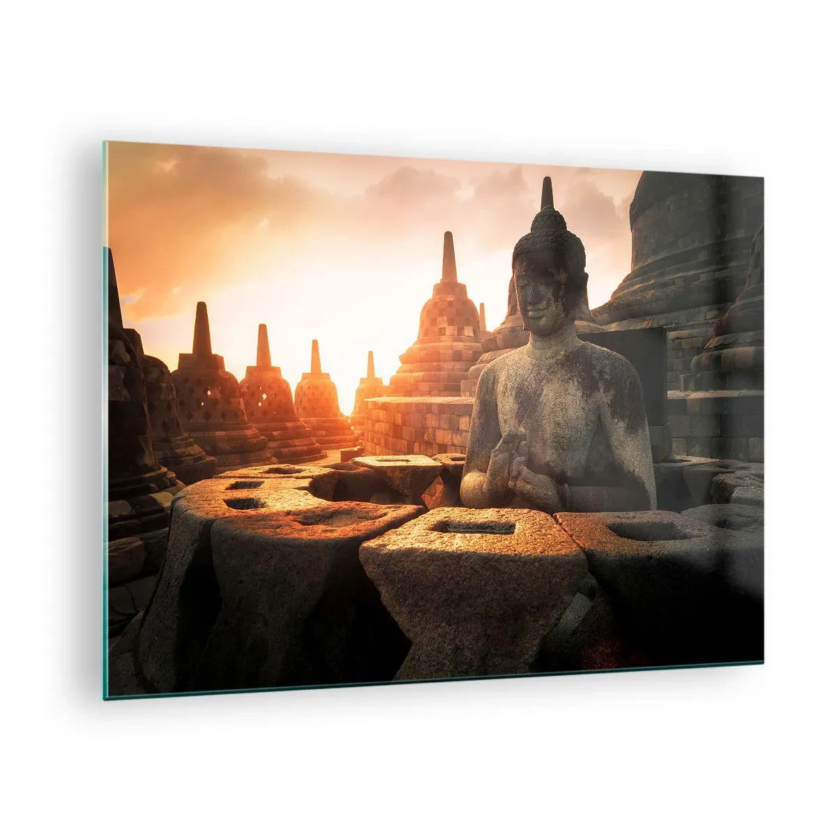 Glastavla - Bild på glas - En Buddhastaty upplyst av den nedgående solen i ett forntida tempelkomplex - 70x50cm - Stora visdomens väder - Modern väggdekoration för vardagsrum och sovrum ARTTOR