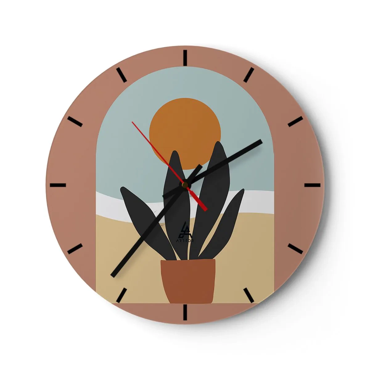 Väggklocka - Klocka på glas - En minimalistisk krukväxt mot solens bakgrund - 30x30cm - Små glädje - Modern väggdekoration för vardagsrum, kök och sovrum ARTTOR