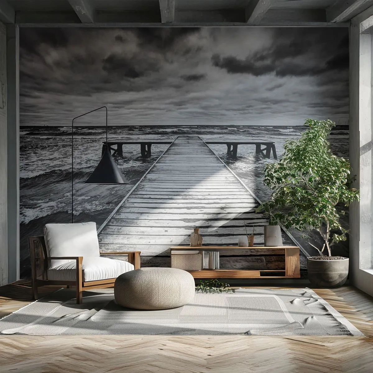 Självhäftande Fototapet Deluxe Sticker - Jag väntar på vind som blåser bort... - Landskap, Träbro, Hav - 250x175 cm