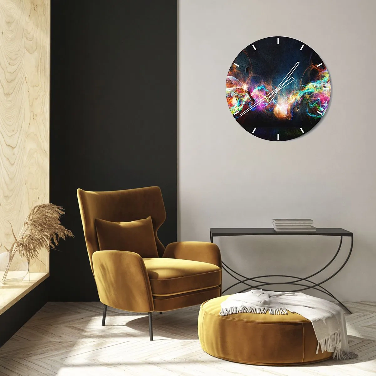 Väggklocka - Klocka på glas - En bild av färgglada ljusa strimmor på en mörk bakgrund - 30x30cm - Glatt mot mörkret - Modern väggdekoration för vardagsrum, kök och sovrum ARTTOR