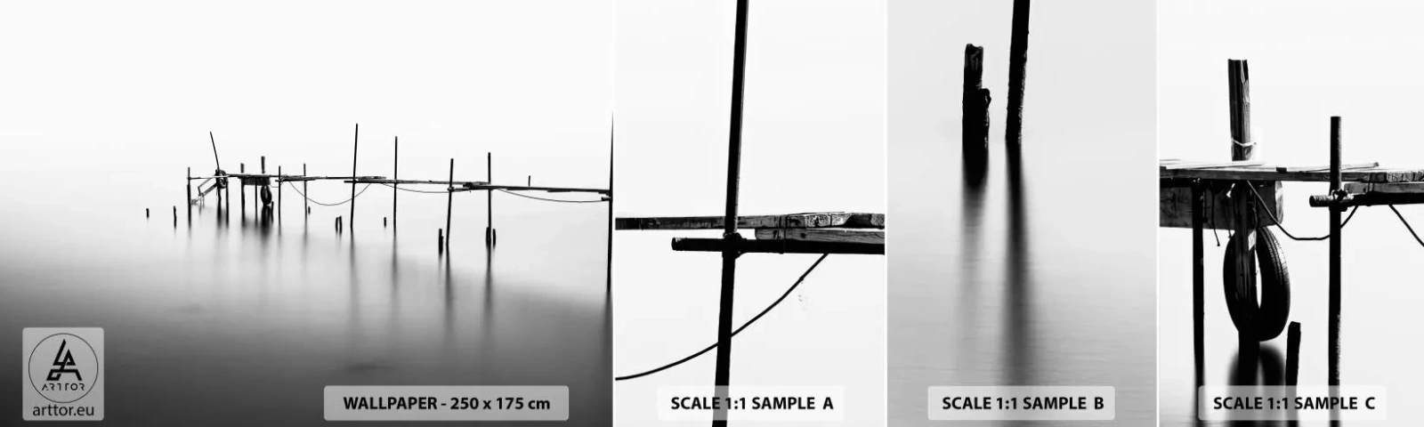 Fototapet Prov Standard Eco - Och om världen inte finns? - Landskap, Träbro, Svartvitt - 100x30 cm