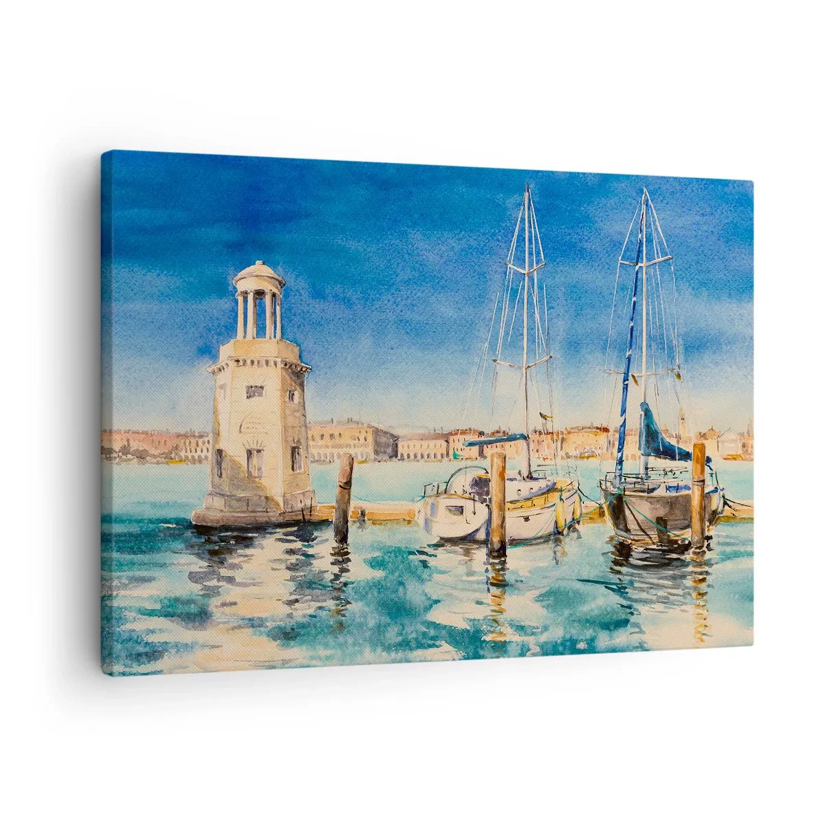 Canvastavla - Bild på duk - Marina med båtar mot bakgrund av en blå lagun - 70x50cm - Solig lagun - Modern väggdekoration för vardagsrum och sovrum ARTTOR