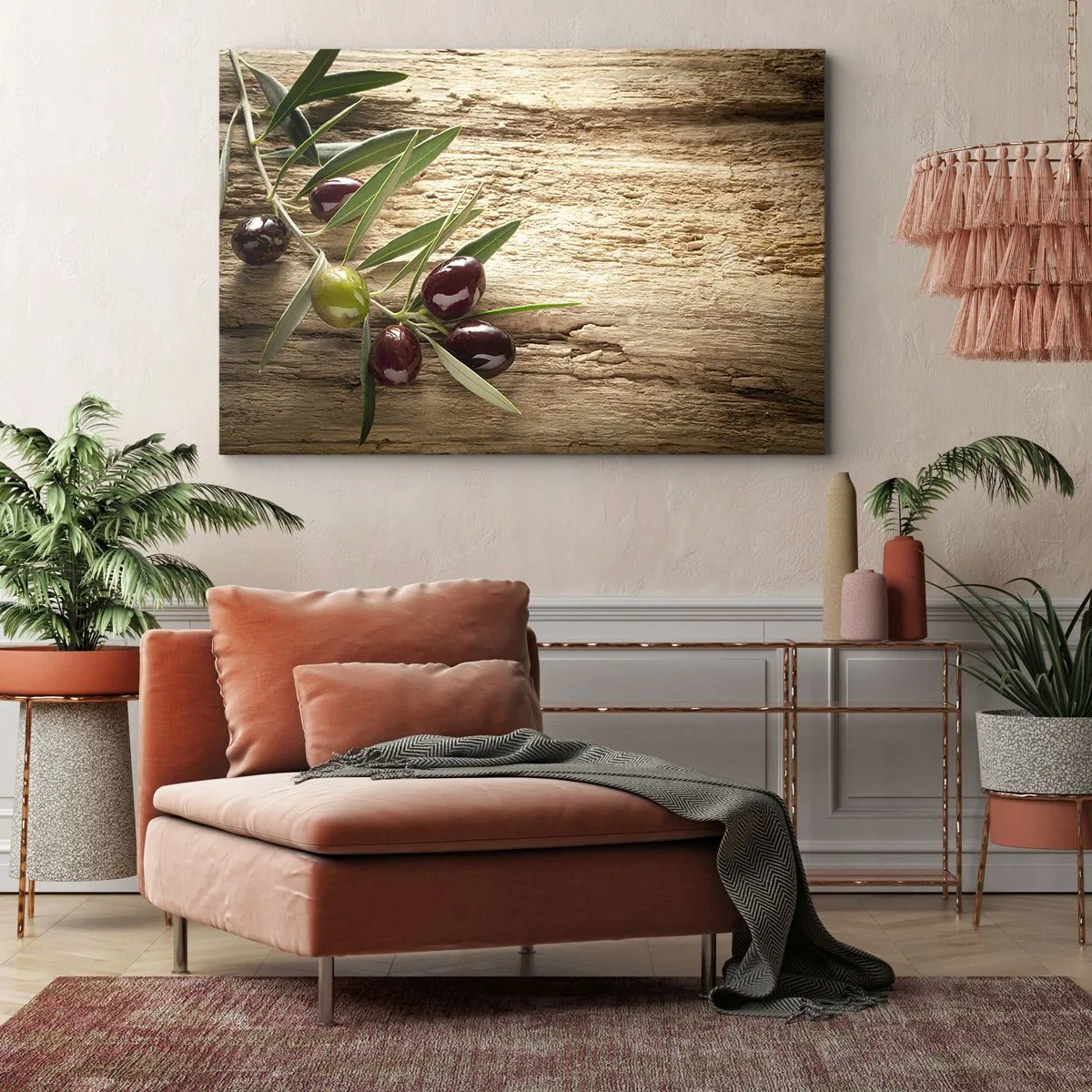 Canvastavla - Bild på duk - Olivkvist med frukt på en bakgrund av åldrat trä - 70x50cm - Direkt från naturen - Modern väggdekoration för vardagsrum och sovrum ARTTOR