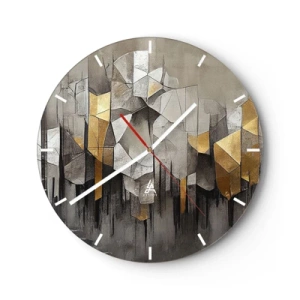 Väggklocka - Klocka på glas - Geometrisk struktur med nyanser av grått och guld - 30x30cm - Komposition av is och ljus - Modern väggdekoration för vardagsrum, kök och sovrum ARTTOR
