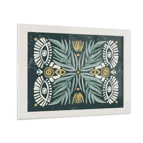 Glastavla - Bild på glas - En symmetrisk komposition av löv och mönster i folkstil - 70x50cm - Som ett folkligt mönster - Modern väggdekoration för vardagsrum och sovrum ARTTOR